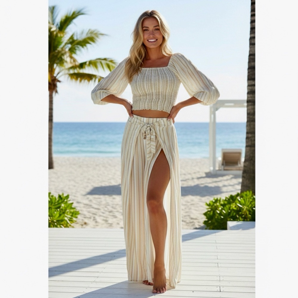 Anthropologie Peixoto Resort 2 piece Set Wide Leg Pant Crop Top Beach Wear M